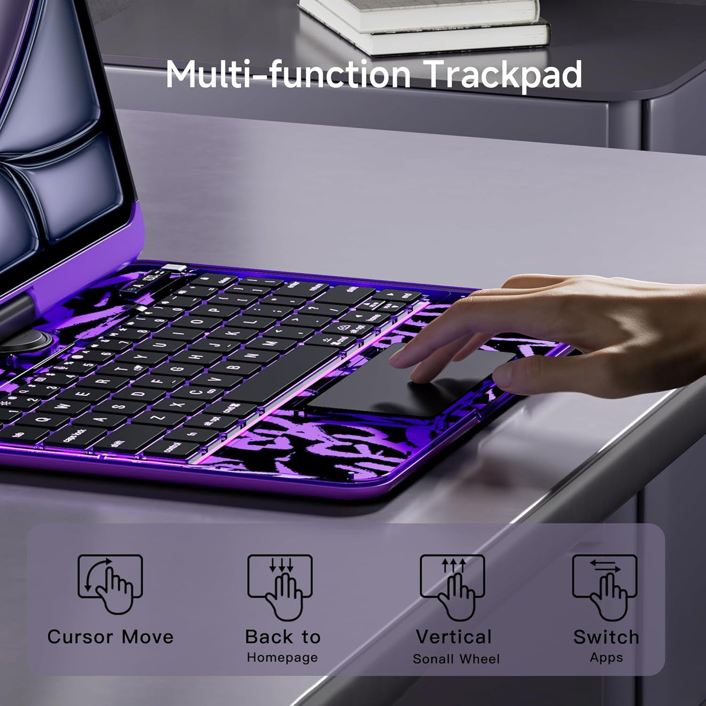 iPad Keyboard Case for 2024 M4 iPad Pro 11 inch, Magic Wireless Keyboard with Trackpad 7 Color Backlit, 360° Rotating Stand Transparent Protective Cover with Pencil Holder (Purple)