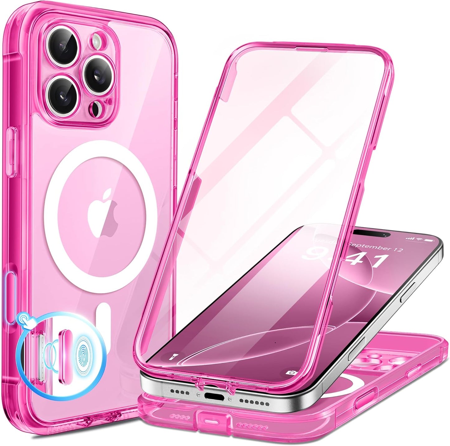 BERFY Magnetic for iPhone 16 Pro Max Case, Compatible with MagSafe, [Built-in 9H Tempered Glass Screen Protector & Upgraded Camera Protection] Full Body Shockproof Phone case for 16 ProMax,Bright Pink