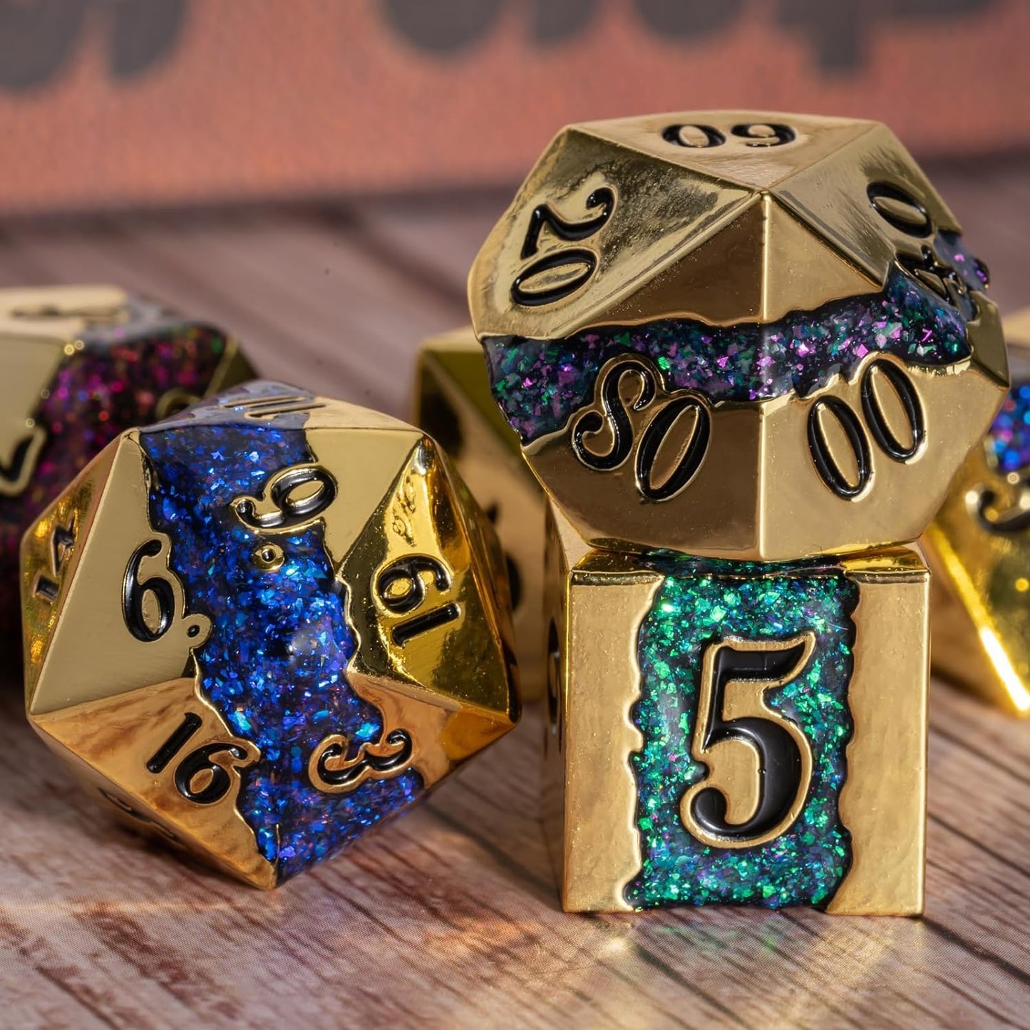 Metal DND Dice Set,Mica Glitter Stripe Dice Set with Gift Box,Metallic 7pcs Polyhedral Dice Set for RPG