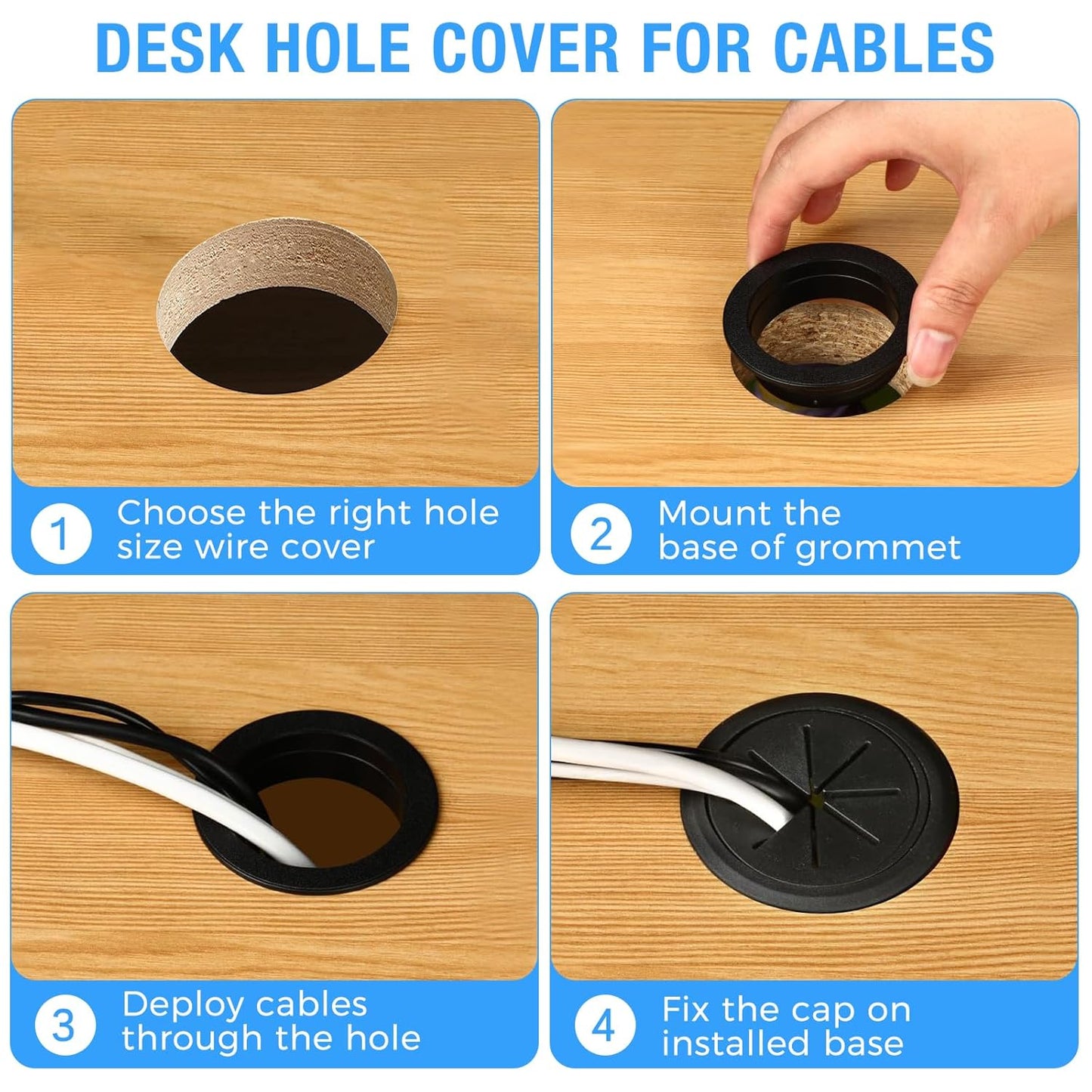 Desk Grommet 2-1/16" (53 mm), Desk Hole Cover for Cables White, Cable Grommet ABS Plastic, Desk Hole Grommet for Office and Home Table Cable, Detachable & Flexible Cable Cord Organizer-2 Pcs