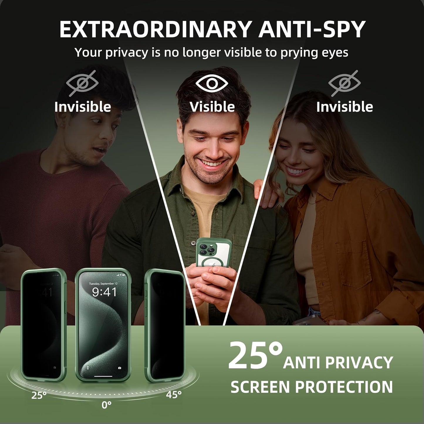 Magnetic for iPhone 15 Pro Case, Compatible with MagSafe, Built-in Privacy Screen Protector and Camera Protection, Anti Spy Full Body Dustproof Shockproof Hard Phone Case 6.1", Pine Green