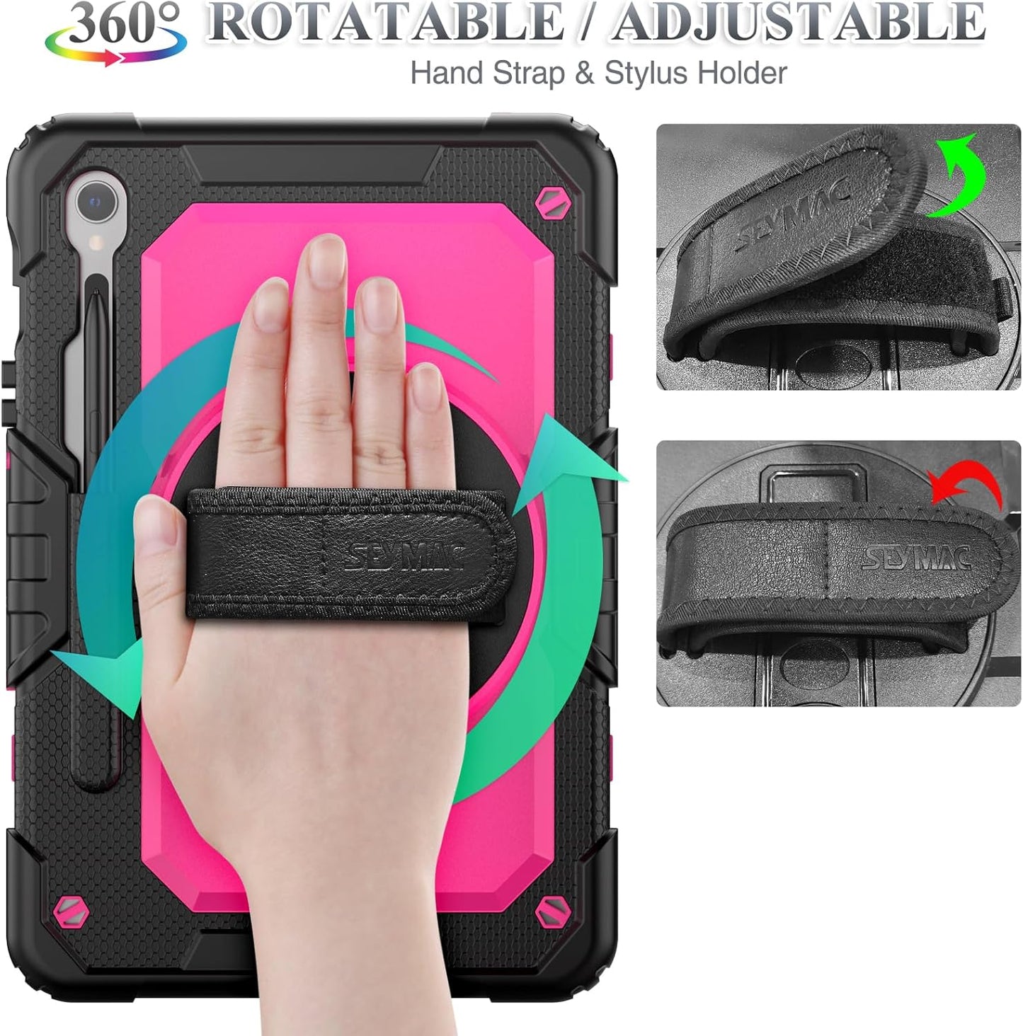 SEYMAC stock Case for Samsung Galaxy Tab S10 FE / S9 / S9 FE 5G Tablet Case Protective with Screen Protector, Pencil Holder, 360 Rotate Stand, Hand Strap, Shoulder Strap, Pink1