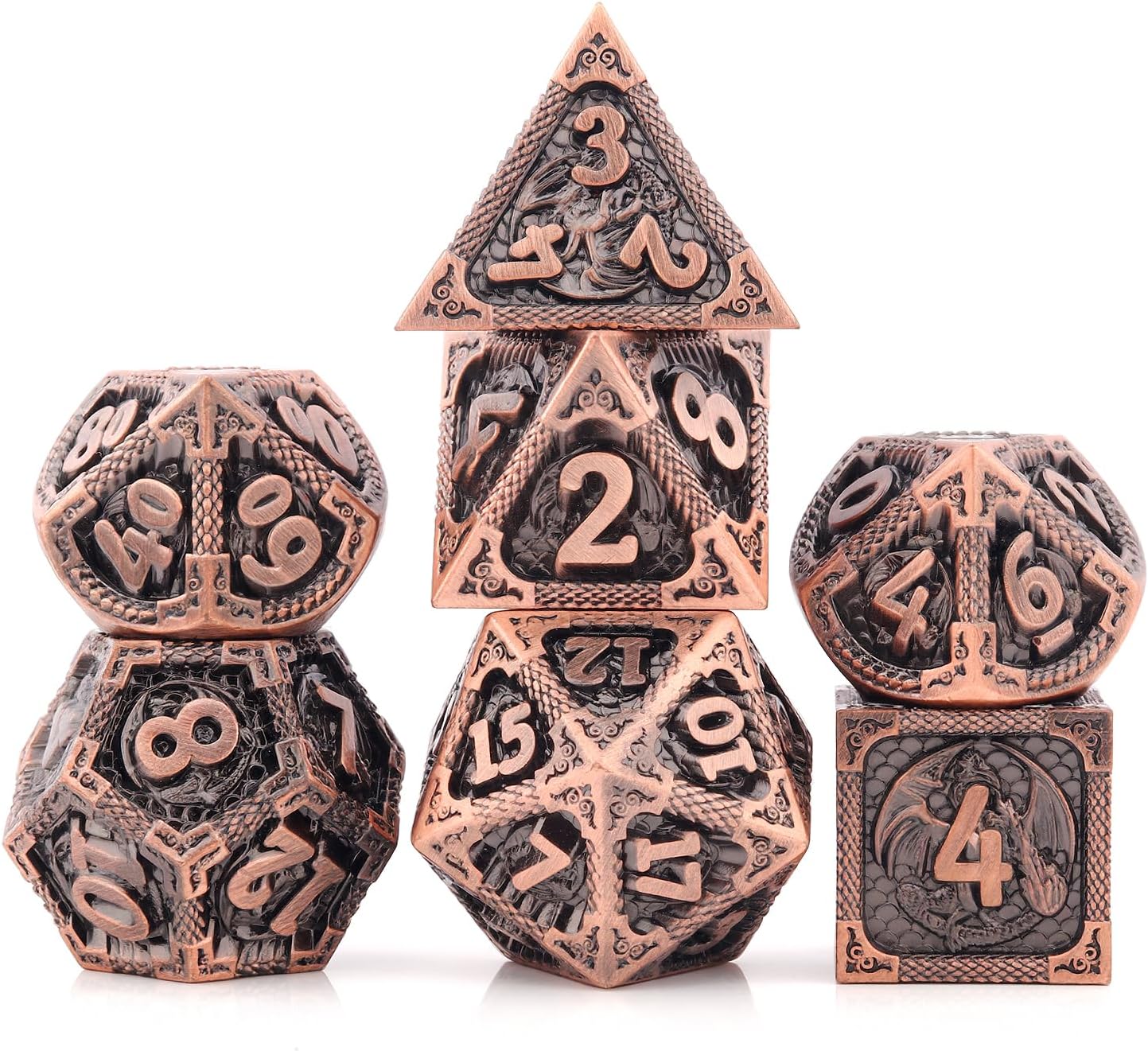 PJOY Metal DND Dice Set D&D Dragon Dice Copper with Metal Case D and D Dice for Dungeons and Dragons TTRPG Gifts