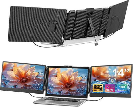 Alecewey Laptop Screen Extender 14 inch Triple Portable Laptop Monitor Attachment FHD 1080P Extra Screen for 13-17’’ Laptops with Windows Chrome Mac