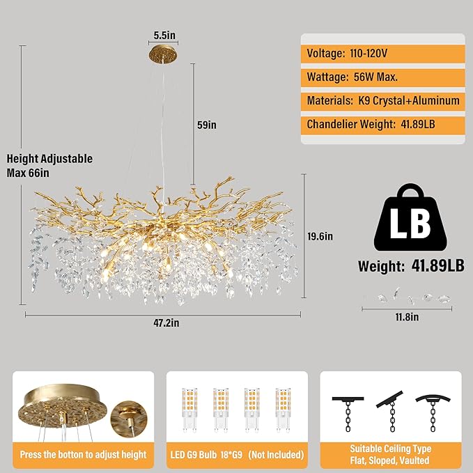 YUYI Modern Crystal Chandelier, 47" Gold Tree Branch Chandelier, 18-Light Round Raindrop Chandeliers for Dining Room, Living Room, Foyer, Entryway, Kitchen, Bedroom, Luxury K9 Crystal Light Fixture