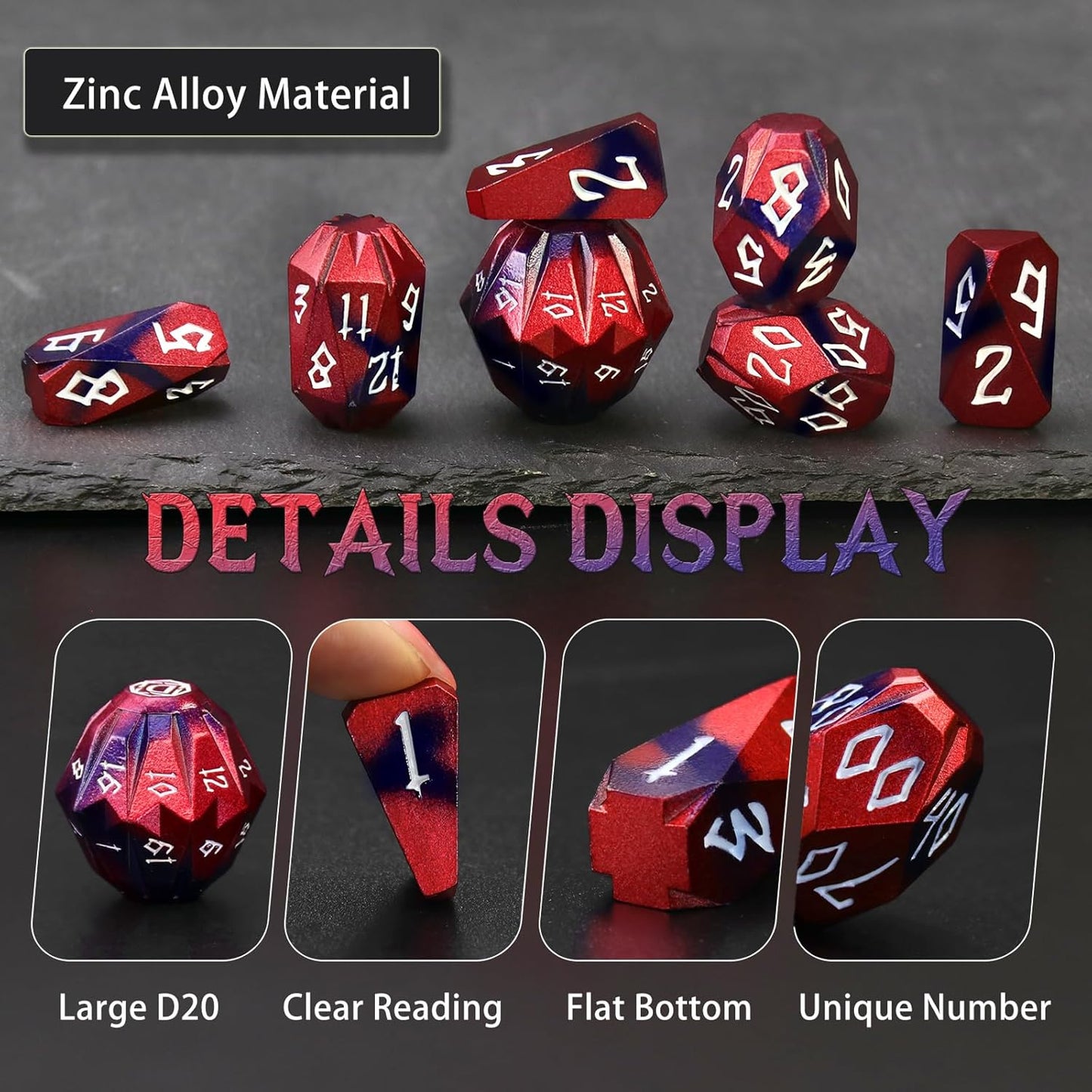 Metal Dice Set D and D for Dungeons and Dragon, Metal Polyhedral DND Dice with Cardboard Box Unique Cool RPG Dice for Role Playing Tabletop Games Gifts (Black Red)