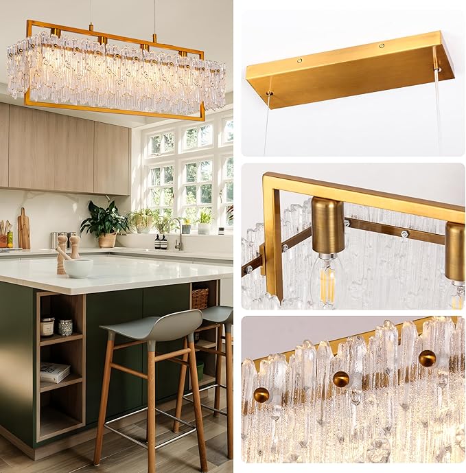 MantoLite Dining Room Light Fixture Modern Rectangle Golde Crystal 4-Light Chandeliers for Dining Room 25" Linear Farmhouse Lighting Fixture for Kitchen Island Light Living Room