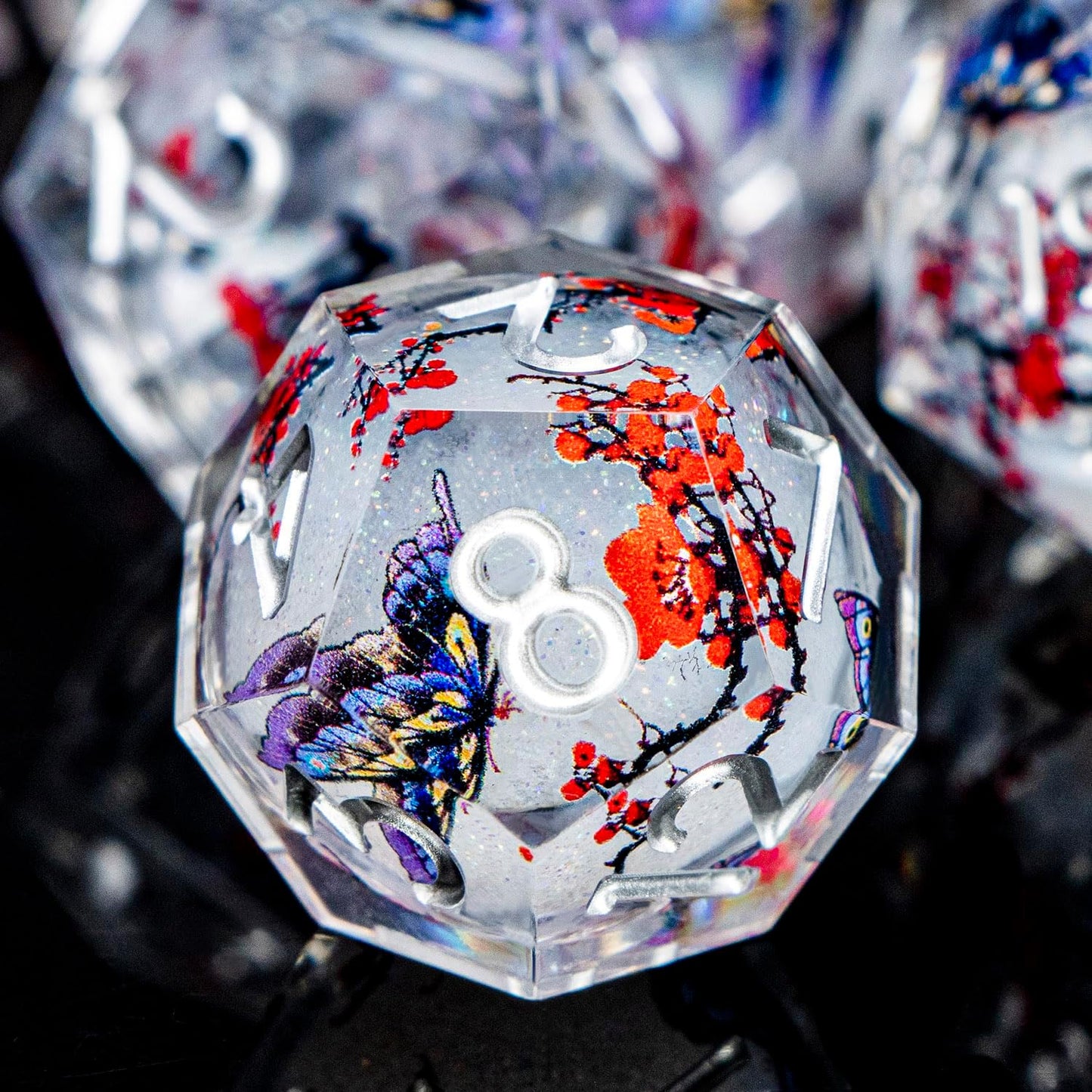 Butterfly DND Dice White Liquid Core Dice Set with Metal Box, Handmade Sharp Edge D and D Polyhedral Dice for use with D&D RPG Role Playing Game