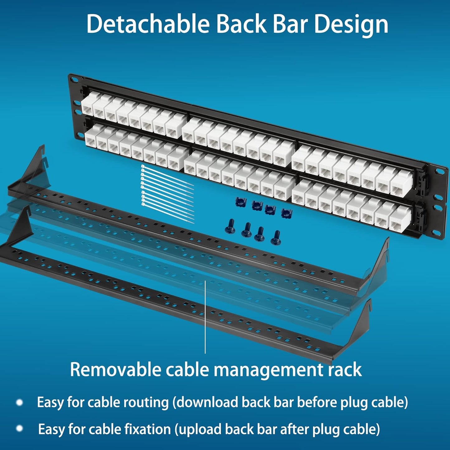 Rapink 48 Port Cat6 Patch Panel with White Inline Keystone, 10G Support, Pass-Thru Coupler, 1U Network Patch Panel for Cat6, Cat5e, Cat5 Cabling