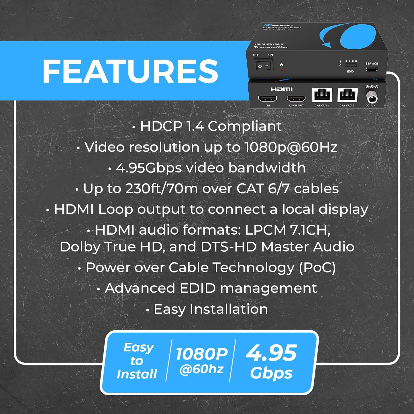 OREI 1X2 HDMI Extender Splitter Over Single CAT6/7 Cable Uncompressed 1080P with EDID - Up to 132 Ft - Loop Out - Low Latency - 1 Input 2 Output 2 Channel Transmission