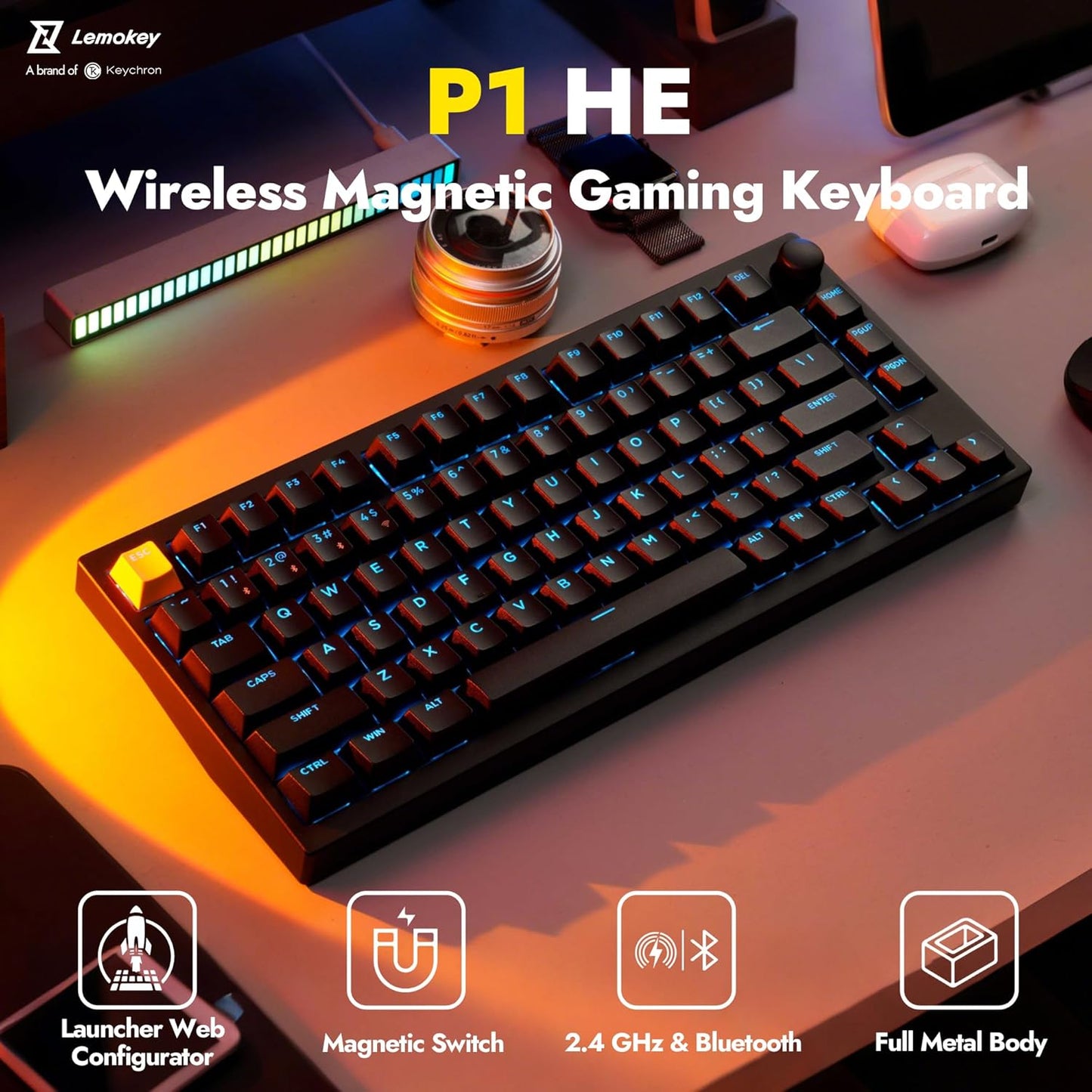 P1 HE 75% Wireless Custom Mechanical Gaming Keyboard with Gateron Double-Rail Magnetic Switches Knob Version, QMK 2.4 GHz Bluetooth 5.2 RGB Backlight Compatible with Mac Windows Linux-Black