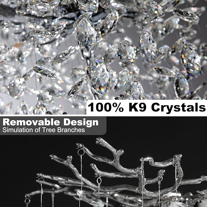 47" Silver Chandelier, 18-Light Modern Crystal Tree Branch Chandeliers, Luxury Round Chandelier for Dining Room, Living Room, Foyer, Entryway, Bedroom, Contemporary K9 Crystal Raindrop Light Fixture