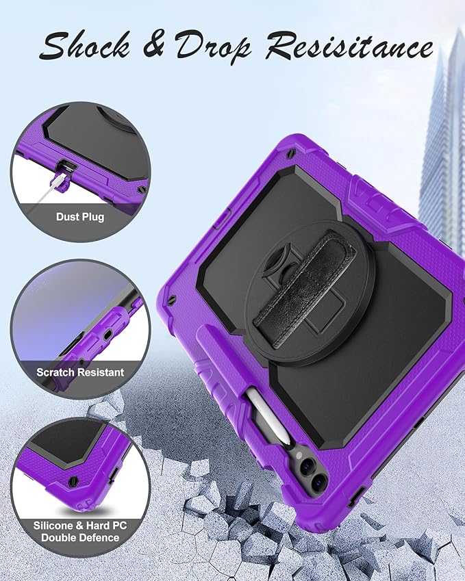 Case for Samsung Galaxy Tab S10 Plus/ S9 FE Plus/ S9 Plus 5G Tablet 12.4'', Shockproof Protective Cover with [Tempered Glass Screen Protector], Stand, Shoulder Strap & S Pen Holder (Purple)