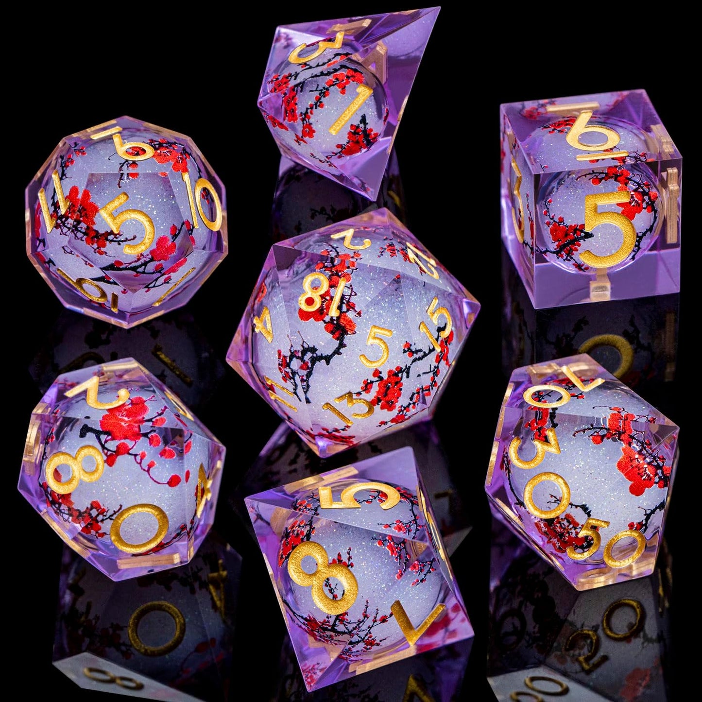 ARUOHHA DND Resin Dice Plum Blossom Liquid Core Golden Purple Sharp Edged Dragons Polyhedral Dice Set with Gift Box, Dungeons D and D Dice Set Role Playing Game D20 D12 D10 D8 D6 D4