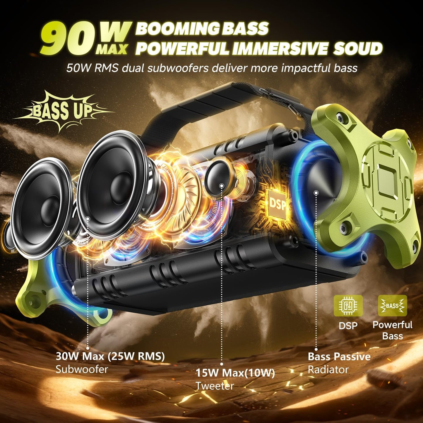 W-KING Bluetooth Speaker, 90W Max Portable Loud Speakers Wireless, IPX6 Waterproof Outdoor Speaker, 50W Deep Bass/2 Powerful Subwoofer/40H/Power Bank/Dual Pairing/EQ/TF/AUX/NFC for Camping,Pool,Party