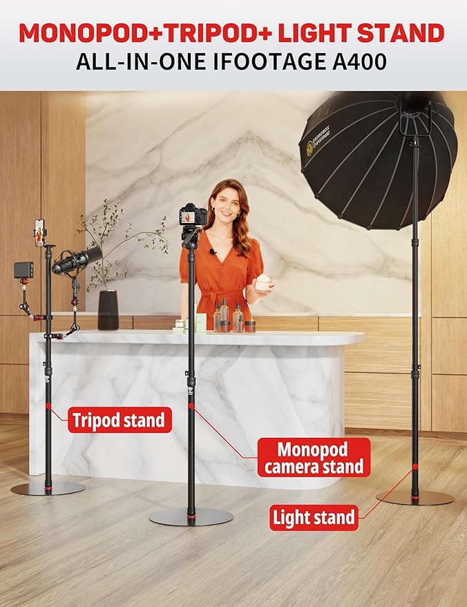 IFOOTAGE A400 Round Base Monopod, 79'' Light Stand Tripod Alternative, Aluminum Studio Camera Tripod Monopod Stand for Video Recording, Live Streaming, Interview, Payload 22lb (2 Pack)
