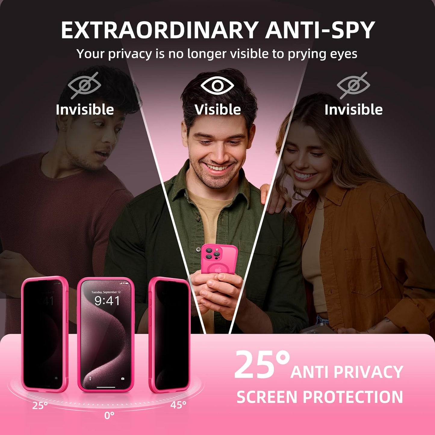 Magnetic for iPhone 15 Pro Max Case, Compatible with MagSafe, Built-in Privacy Screen Protector and Camera Protection, Anti Spy Full Body Dustproof Shockproof Hard Phone Case 6.7", Hot Pink