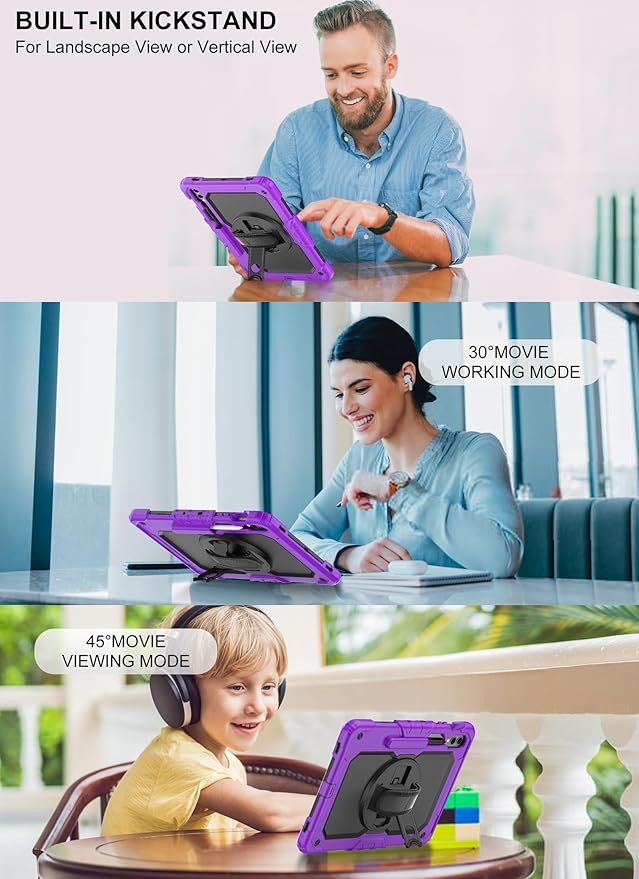 Case for Samsung Galaxy Tab S10 Plus/ S9 FE Plus/ S9 Plus 5G Tablet 12.4'', Shockproof Protective Cover with [Tempered Glass Screen Protector], Stand, Shoulder Strap & S Pen Holder (Purple)