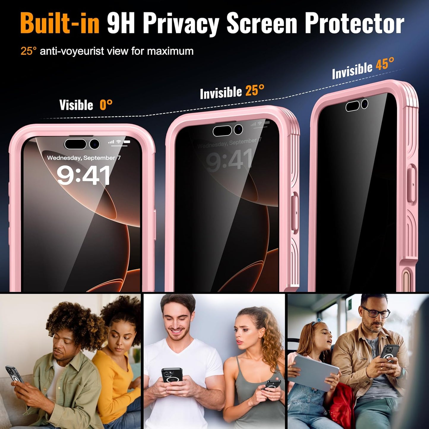Magnetic & Stand for iPhone 16 Pro Max Case Built-in Privacy Screen Protector[360° Full Body Protection][Fit for Magsafe][Lens Protector] Heavy Duty Shockproof Case for iPhone 16 Pro Max Pink