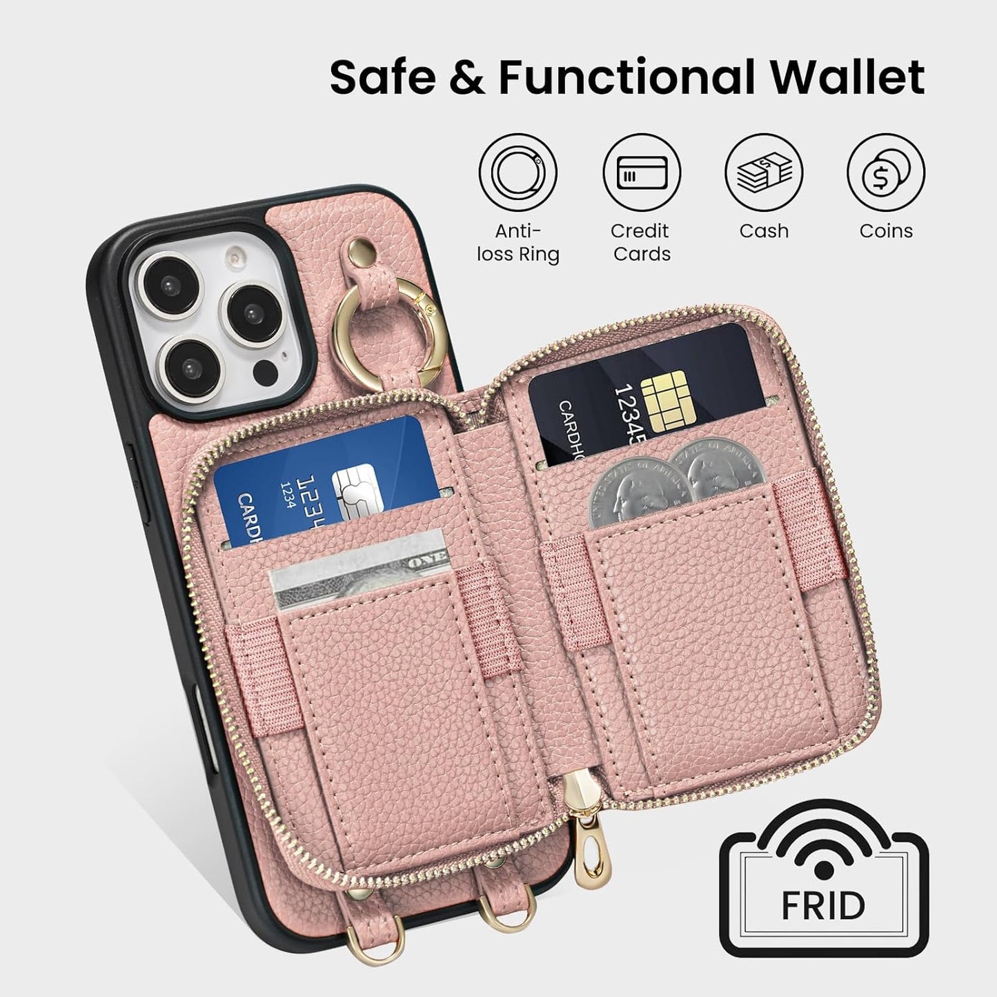 ORNARTO Magnetic Detachable Wallet Case for iPhone 16 Pro Max, [Compatible with MagSafe], Crossbody Wallet Case with Card Holder Wrist Strap, RFID Blocking PU Leather Wallet Phone Cover 6.9", Pink