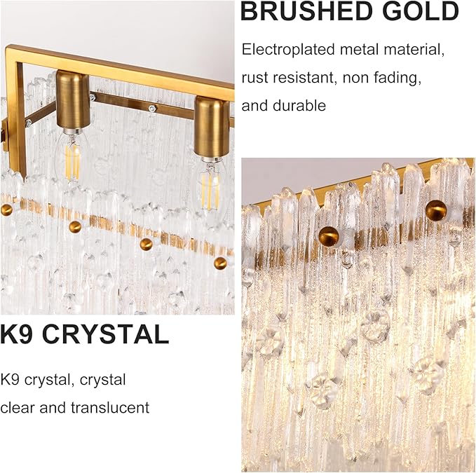 MantoLite Dining Room Light Fixture Modern Rectangle Golde Crystal 4-Light Chandeliers for Dining Room 25" Linear Farmhouse Lighting Fixture for Kitchen Island Light Living Room