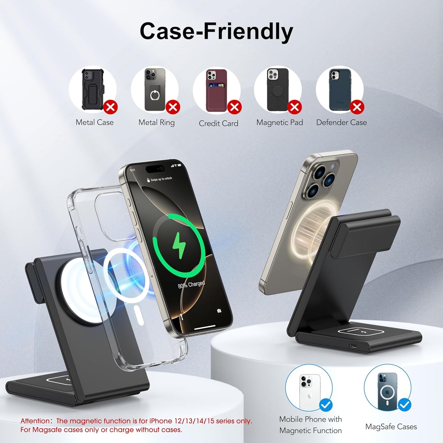 3 in 1 Wireless Charging Station for Multiple Devices, Fast Foldable Travel Mag-Safe Stand for iPhone 16/15/14/13/12/Series, Magnetic Charger for Apple Watch 10/Ultra 2/AirPods 4 with 20W Adapter