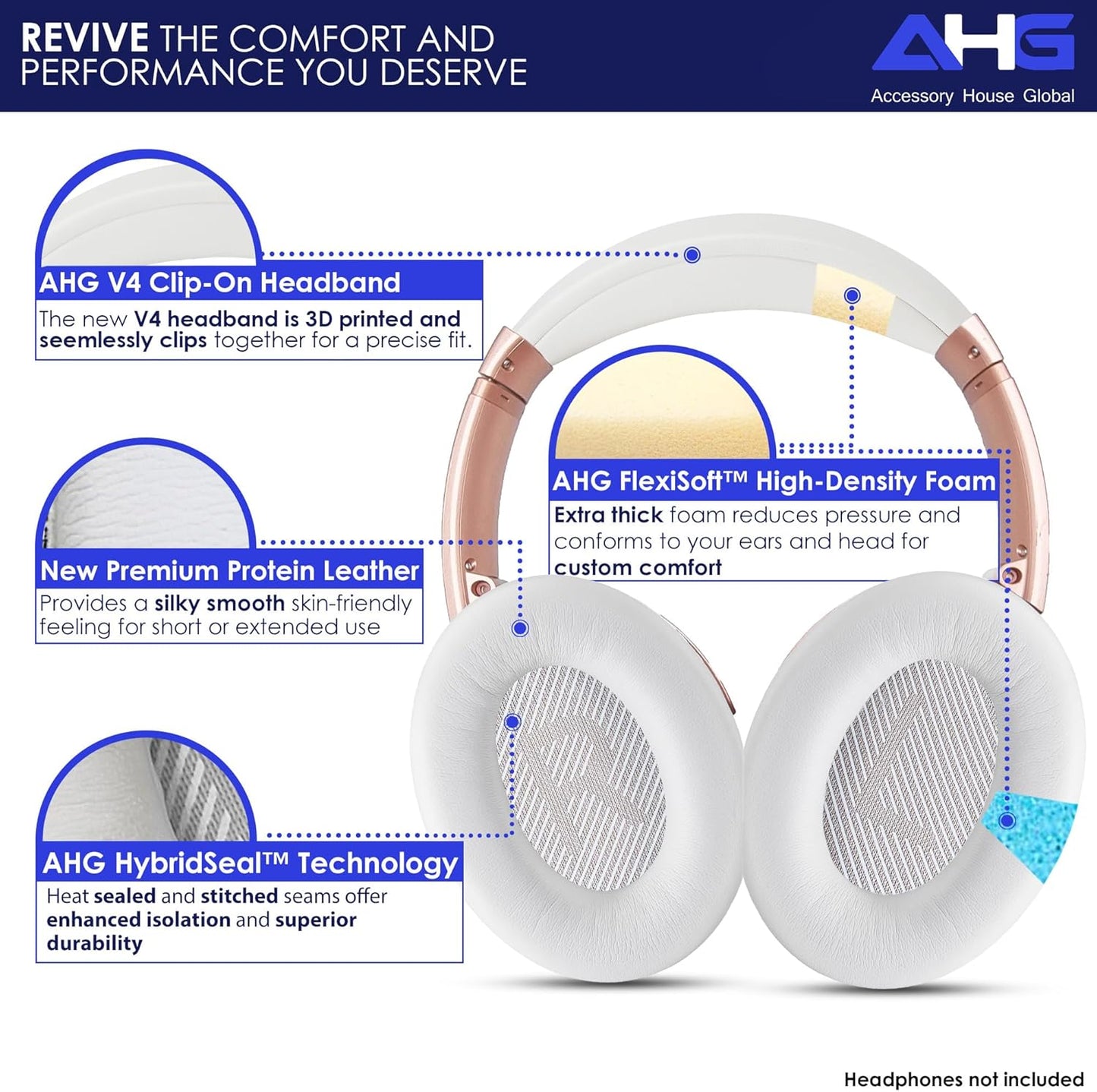 AHG QC35 earpads / QC35 ii Headband pad Cushion kit. Compatible w/Bose QuietComfort 35 ii / QC35 Headphones (White). Premium Headband Design | Seamless DIY Assembly | Superior Comfort and Durability