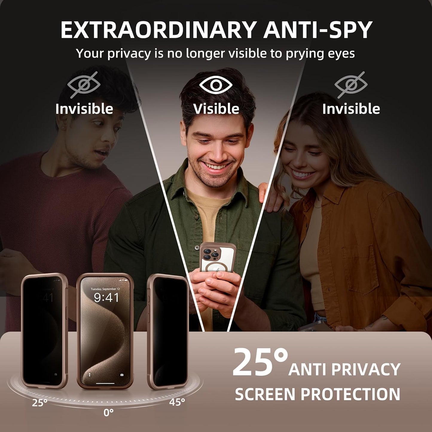Magnetic for iPhone 15 Pro Case, Compatible with MagSafe, Built-in Privacy Screen Protector and Camera Protection, Anti Spy Full Body Dustproof Shockproof Hard Phone Case 6.1", Brown