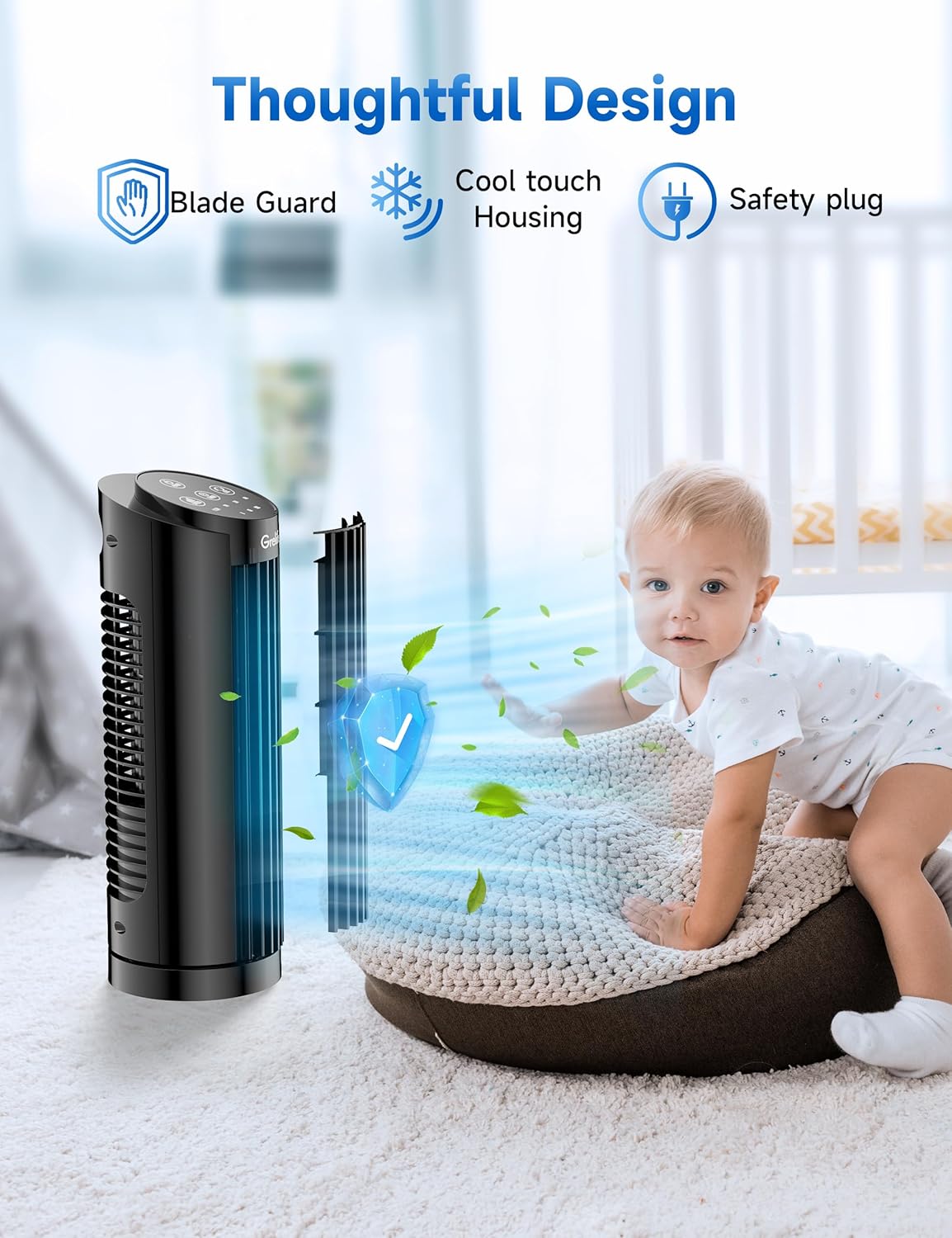 Grelife Tower Fan, Quiet Fans with Remote, for Bedroom, Living Room, Office, Tower Fan with Remote, 3 Speed Settings and Auto-off Timer, Compact Desktop Fan