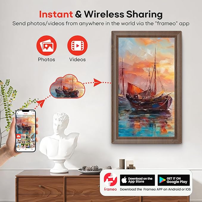 64GB 15.6" Frameo Digital Picture Frame WiFi, Large Electronic Photo Frames Wood 1920 x 1080 IPS FHD Touch Screen, Send Photos from Your Phone from Anywhere, Best Gifts for Family and Friends