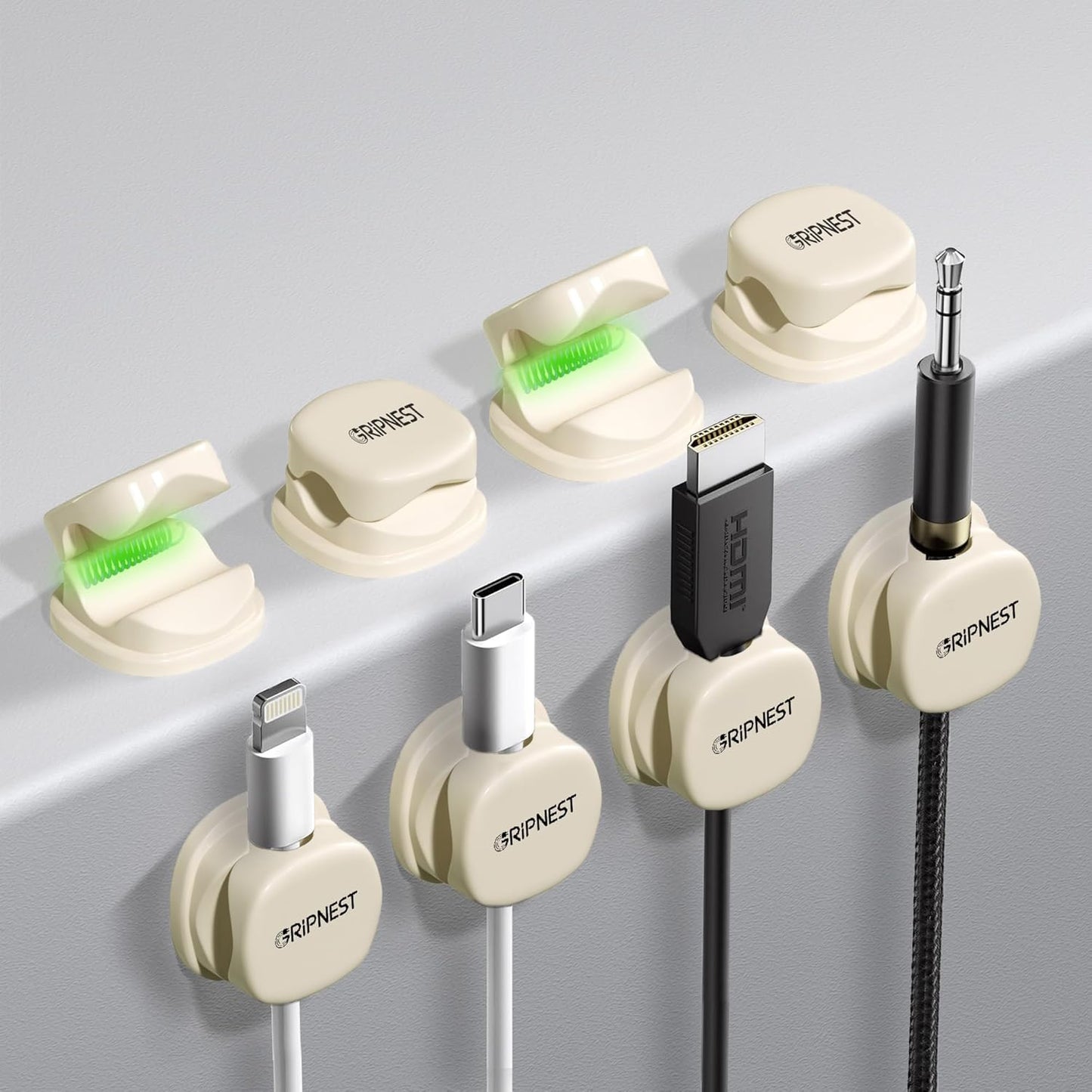8 Pack Adhesive Cable Clips White Spring Loaded Cord Holders for Nightstand, Desk, Wall, Car, or Bedside Ideal Charging Cable Organizer for Home or Office Setup