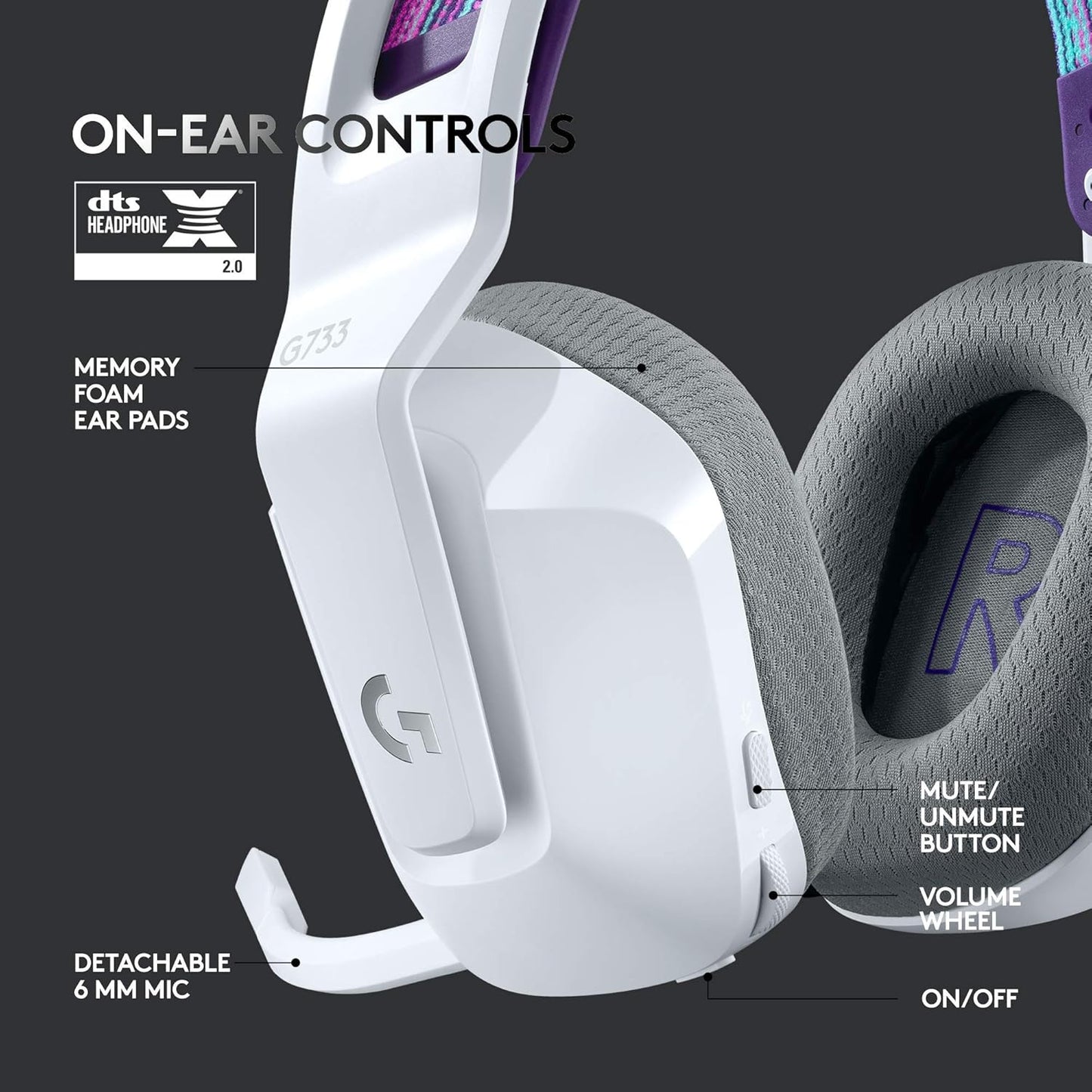 Logitech G733 Lightspeed Wireless Gaming Headset, Suspension Headband, Lightsync RGB, Blue VO!CE Mic, PRO-G Audio – White, Gaming Headset Wireless, PC, PS5, PS4, Switch Compatible