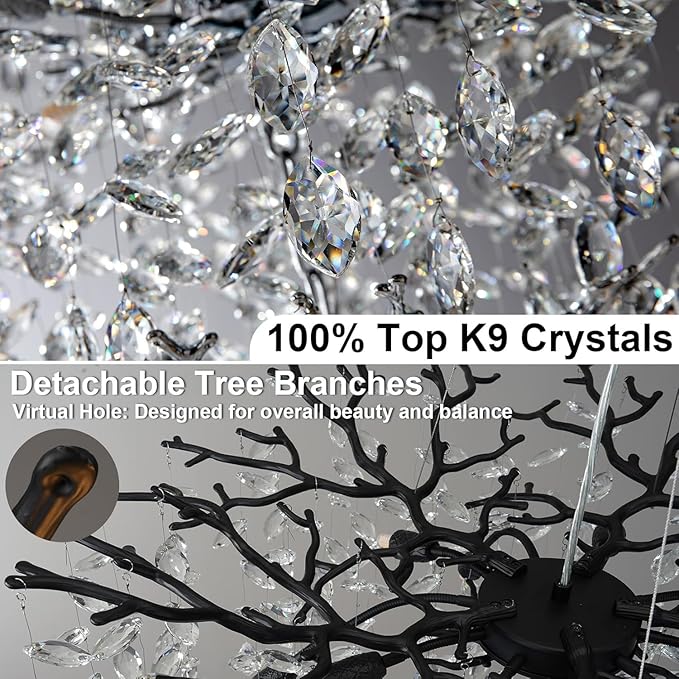 YUYI 47" Black Chandelier, 18-Light Modern Crystal Tree Branch Chandelier, Luxury Round K9 Crystal Raindrop Chandeliers Light Fixture for Dining Room, Living Room, Foyer, Entryway, Bedroom, Kitchen