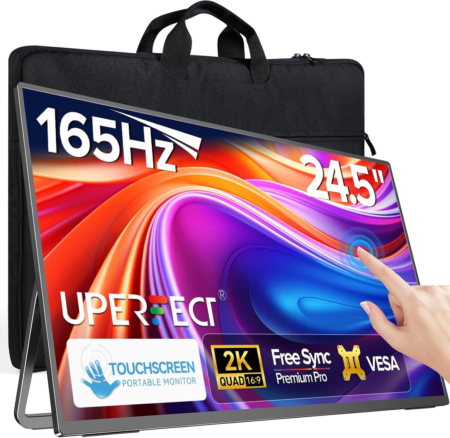 UPERFECT 24.5" 2K Portable Monitor Touchscreen, 165Hz Gaming Monitor FreeSync 0.1ms Fast IPS Large Screen, Built-in 180° Adjustable Stand/VESA, USB-C HDMI Second Screen for Laptop, Phone, Game Console