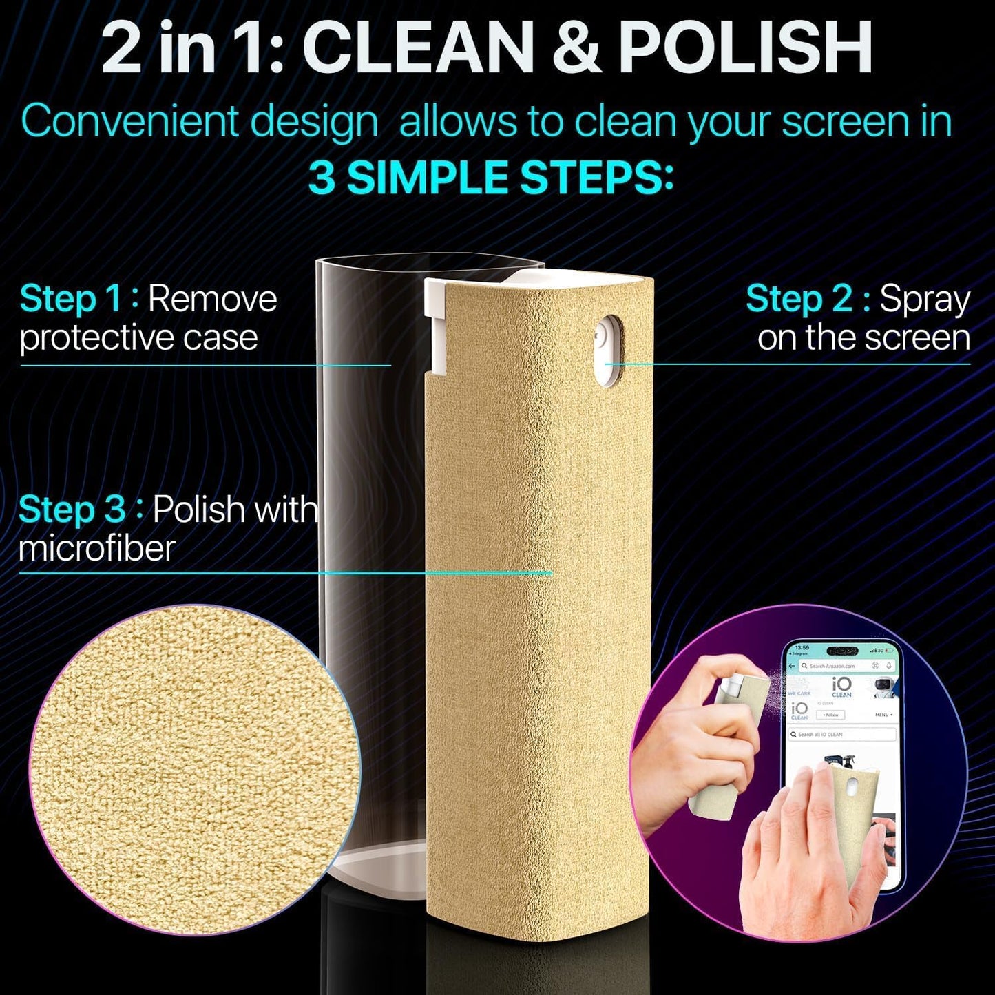 Mini Screen Cleaner Spray – Finger Proof Screen Cleaner for Smartphones, iPads, MacBooks, Laptops, Car Screens, Touchscreens – 3in1 Mist Cleaner, Microfiber Cloth and Protective Cover (Khaki)