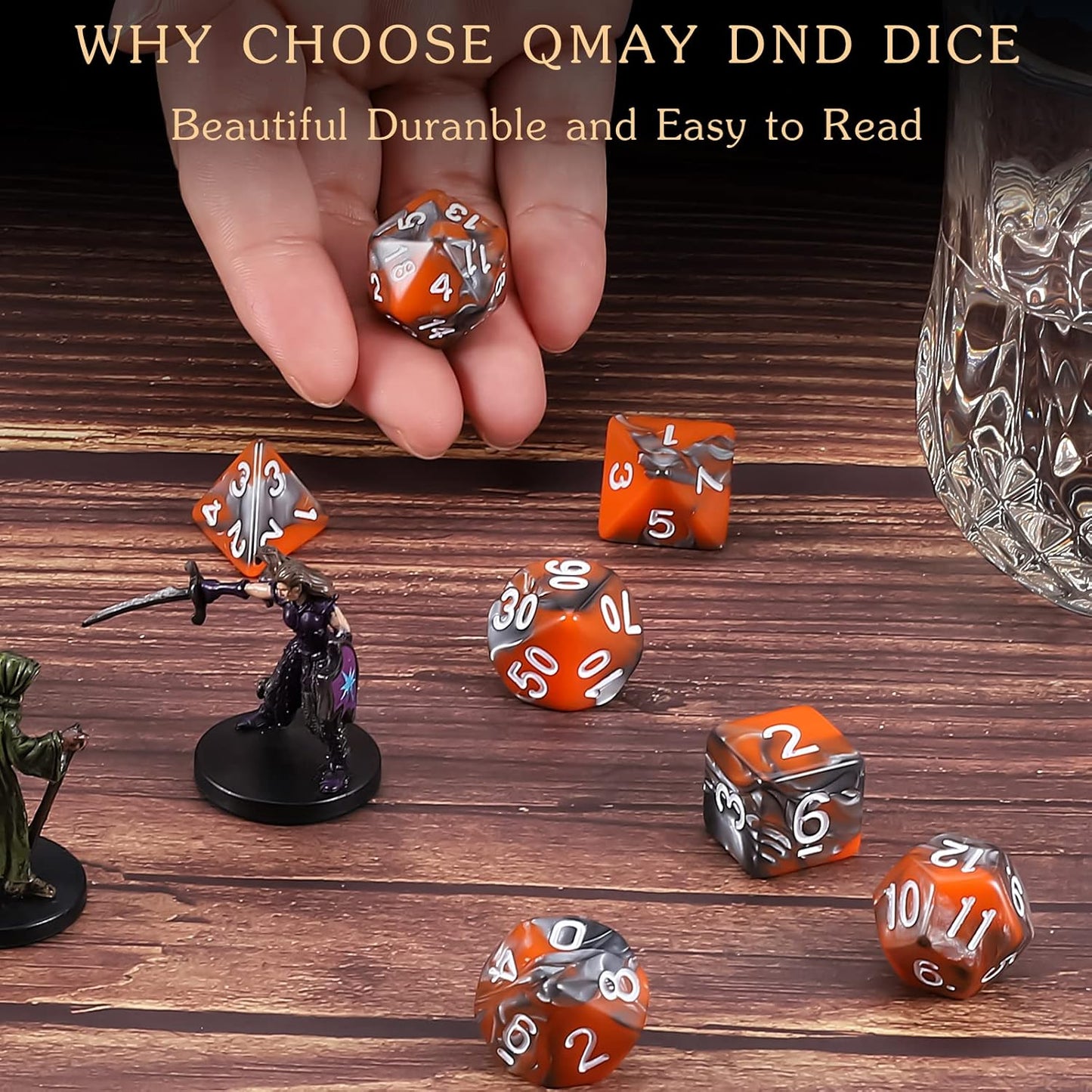 QMAY DND Dice Set -D&D Polyhedral Dice (7 Pcs) for Dungeons and Dragons (Candy Orange and Black)