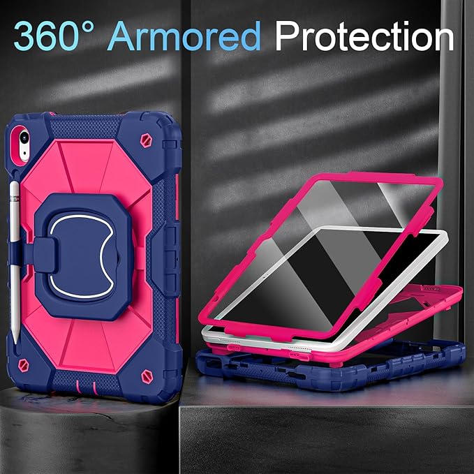 Case for iPad (A16) 11th Generation 11 Inch (2025)/iPad 10th Generation 10.9 Inch (2022),360° Rotating Stand i Pad Case 10th Generation with Screen Protector Pencil Holder,Navy Pink