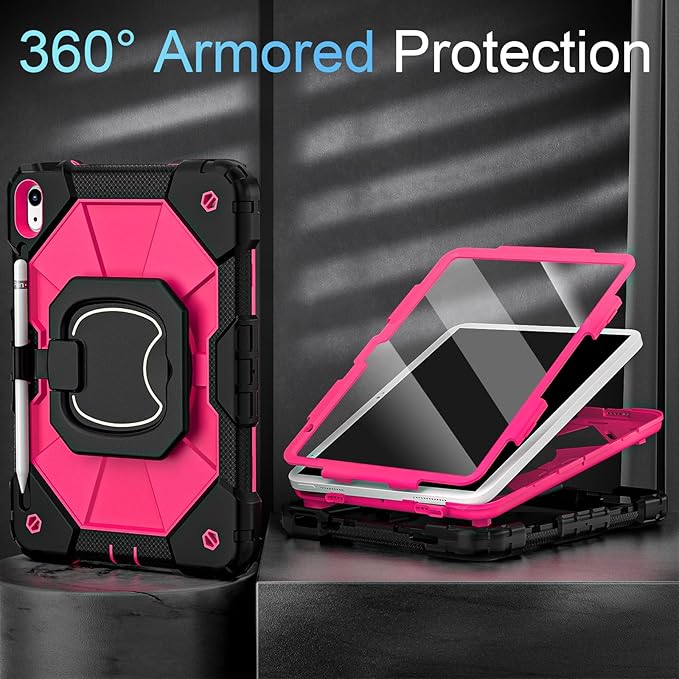 Case for iPad 10th Generation 10.9 Inch/iPad 11 Inch (A16) 2025 11 Inch,10th Generation Case with 360 Rotating Stand Screen Protector,Heavy Duty Shockproof Cover for iPad10th,Black Pink
