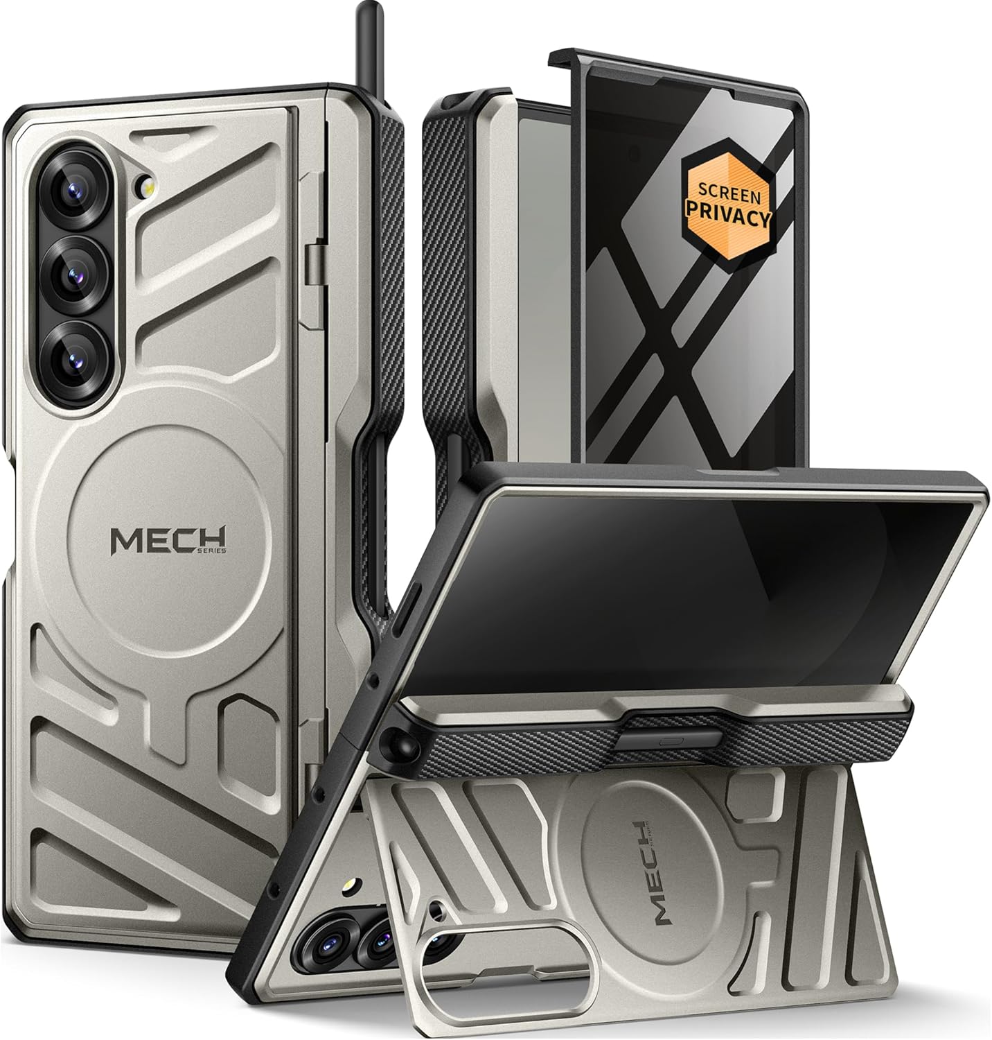TONGATE for Samsung Galaxy Z Fold 6 Case with Privacy Screen Protector, [Compatible with MagSafe][Anti Spy] Shockproof Z6 Phone Case, Built-in Kickstand & Belt Clip & S Pen Holder for Z Fold 6, Tigray