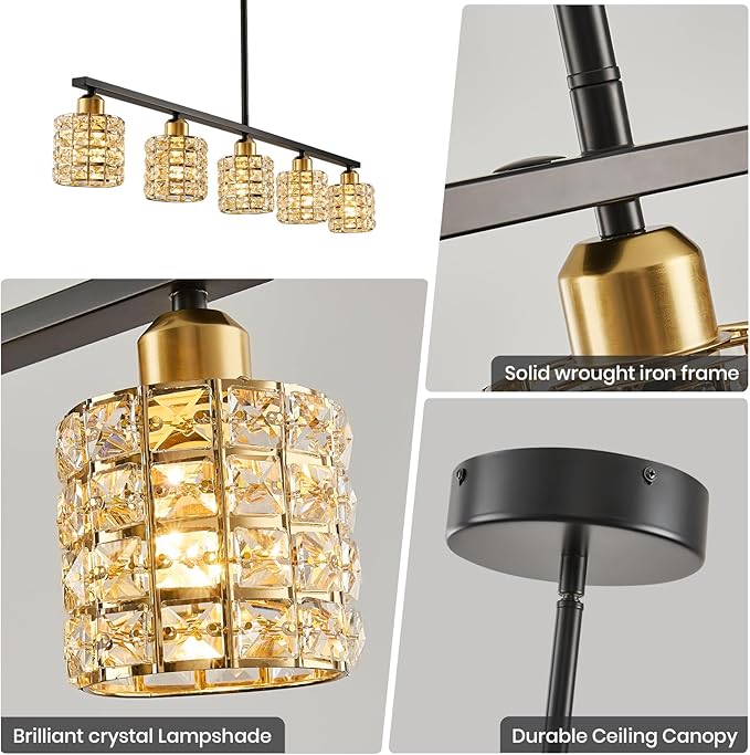 5-Light Linear Crystal Chandelier, Black and Gold Dining Room Light Fixtures Over Table, Adjustable Height Farmhouse Pendant Lights Kitchen Island for Dining Room