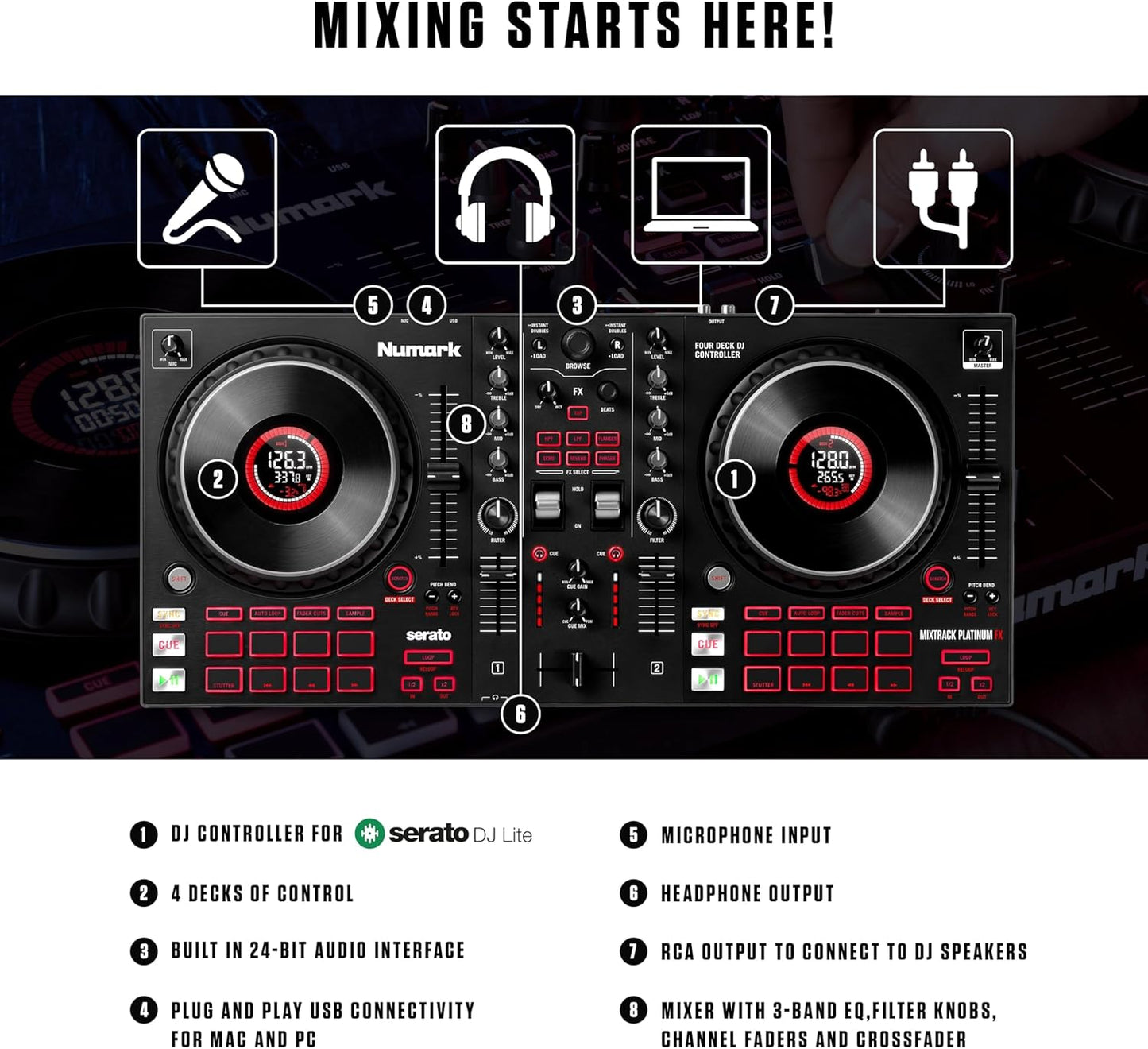 Numark Mixtrack Platinum FX Serato DJ Controller with Jog Wheel Displays, 4 Decks, Mixer, Effects Paddles and (Audio Interface)