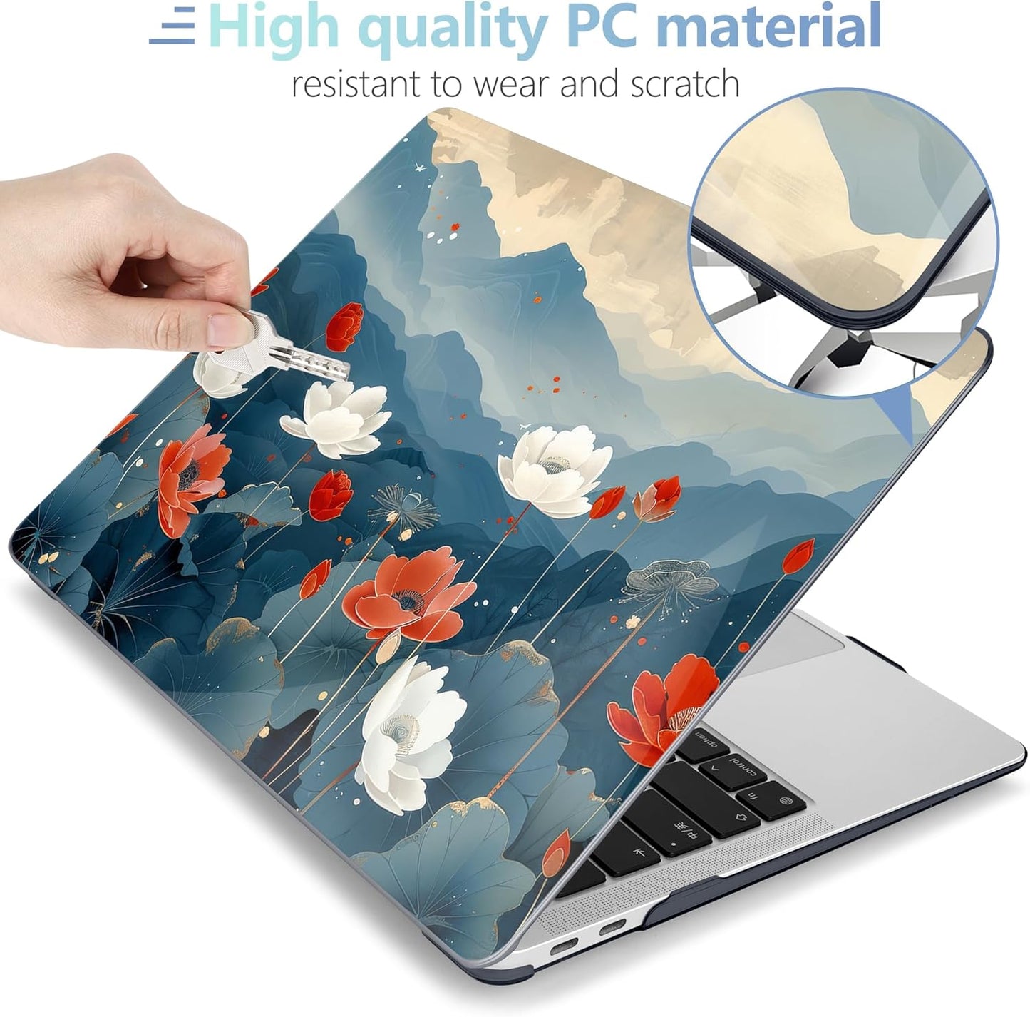 MEEgoodo for MacBook Air 13.3 inch Case 2021 2020 2019 2018 A2337 M1 A2179 A1932, Laptop Shell for MacBook Air M1 with Keyboard Webcam Cover & Trackpad Film & Type C Adapter,Lotus Fields