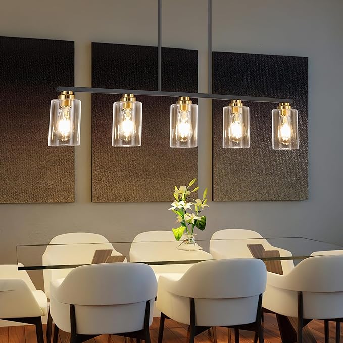Island Light for Kitchen, Black and Gold Dining Room Light Fixture Over Table, 5-Light Linear Chandelier Pendant Lighting for Dining Table Kitchen Island Living Room