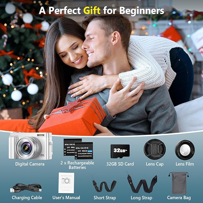 4K Digital Camera for Photography Autofocus, 64MP WiFi Vlogging Camera for YouTube with 2 Batteries, SD Card, 3" 180°Flip Screen Selfie Compact Travel Camera for Teens with 16X Zoom, Anti-Shake, White
