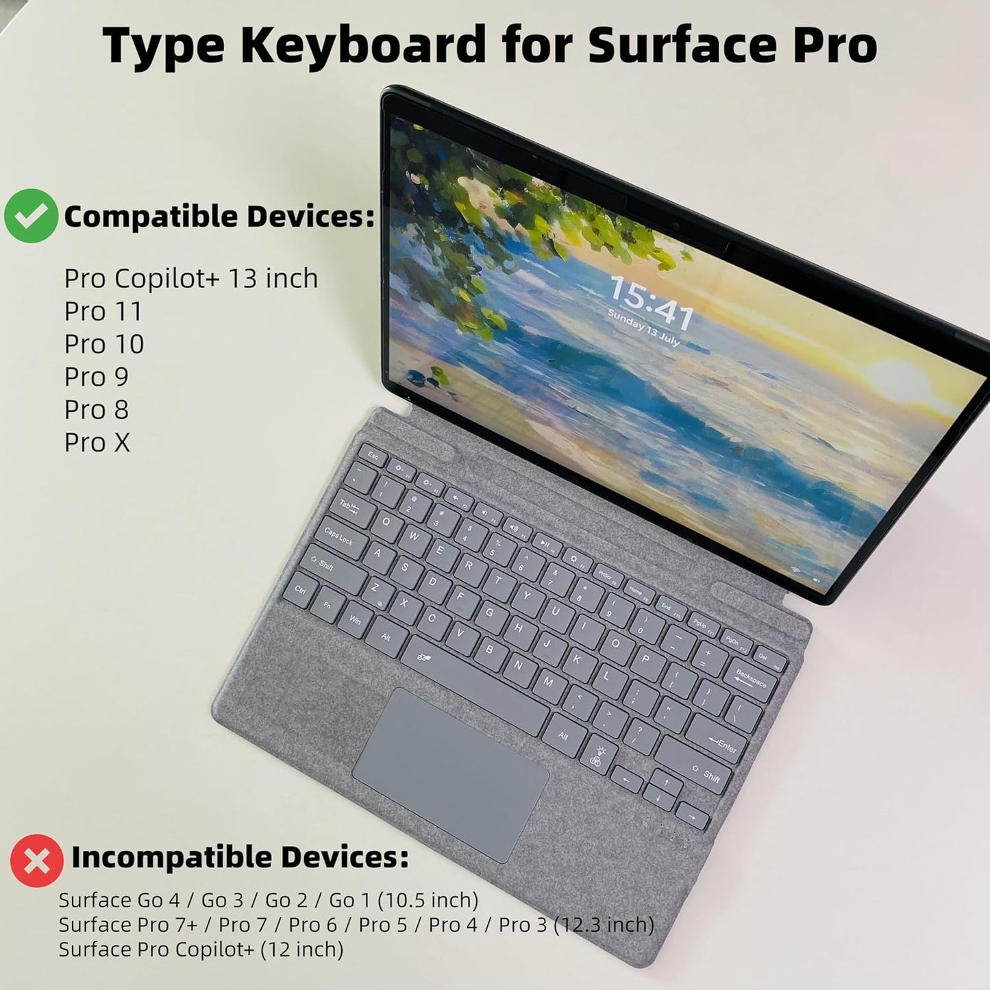 Keyboard for Microsoft Surface Pro Copilot+ (11th Edition) / Pro 11 / Pro 10 / Pro 9 / Pro 8 / Pro X, 13 inch, Detachable Type Cover with Touchpad, 7-Color Backlit & Pen Holder (Light Grey)