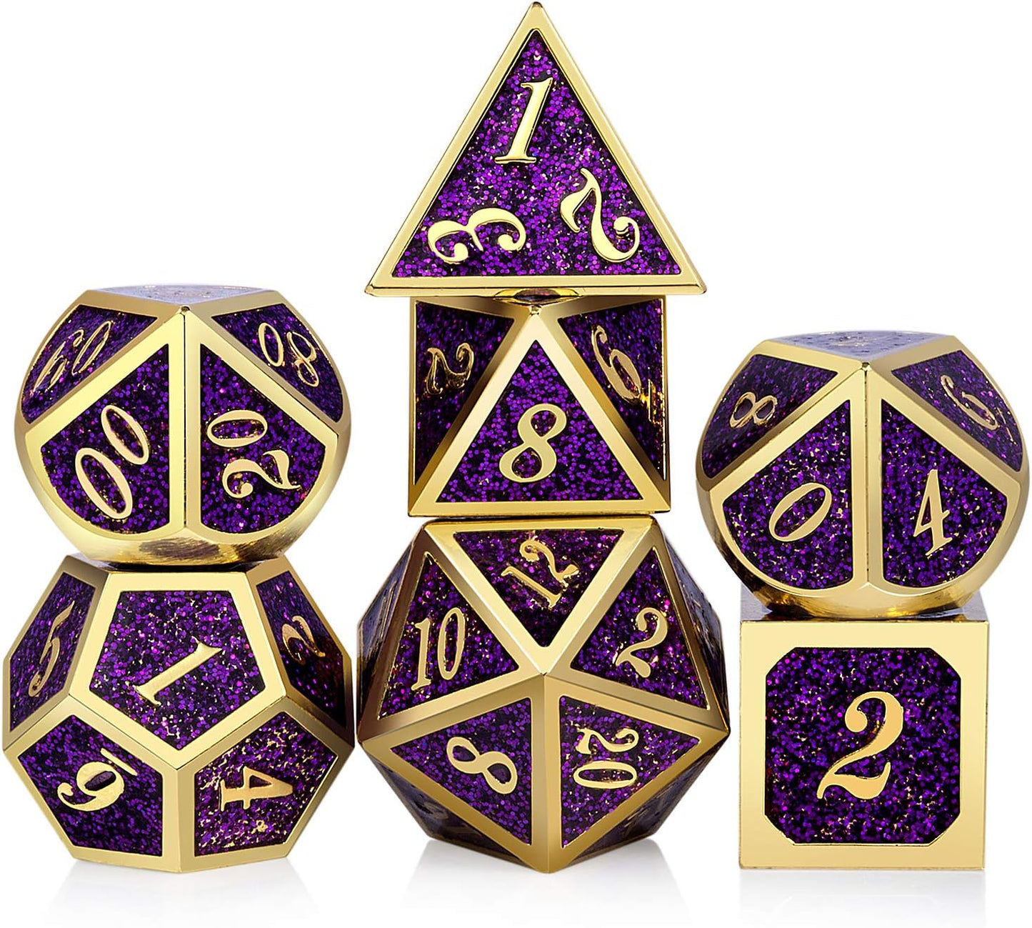 DNDND Glitter Purple Metal Dice Set, Solid Polyhedral DND Metallic Dice with Free Metal Case for Role Polying Game Dungeons and Dragons