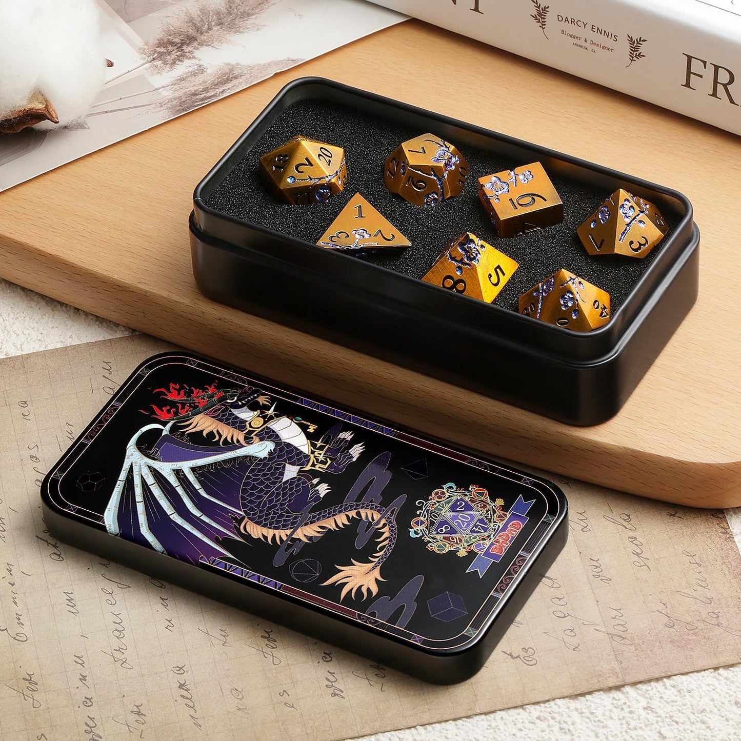 Metal Dice Flowers, 7 PCS Metallic Dungeons and Dragons Dice Set with Gorgeous Gift Case for DND Dungeons and Dragon Tabletop Game (Ancient Brass with Blue Flowers)