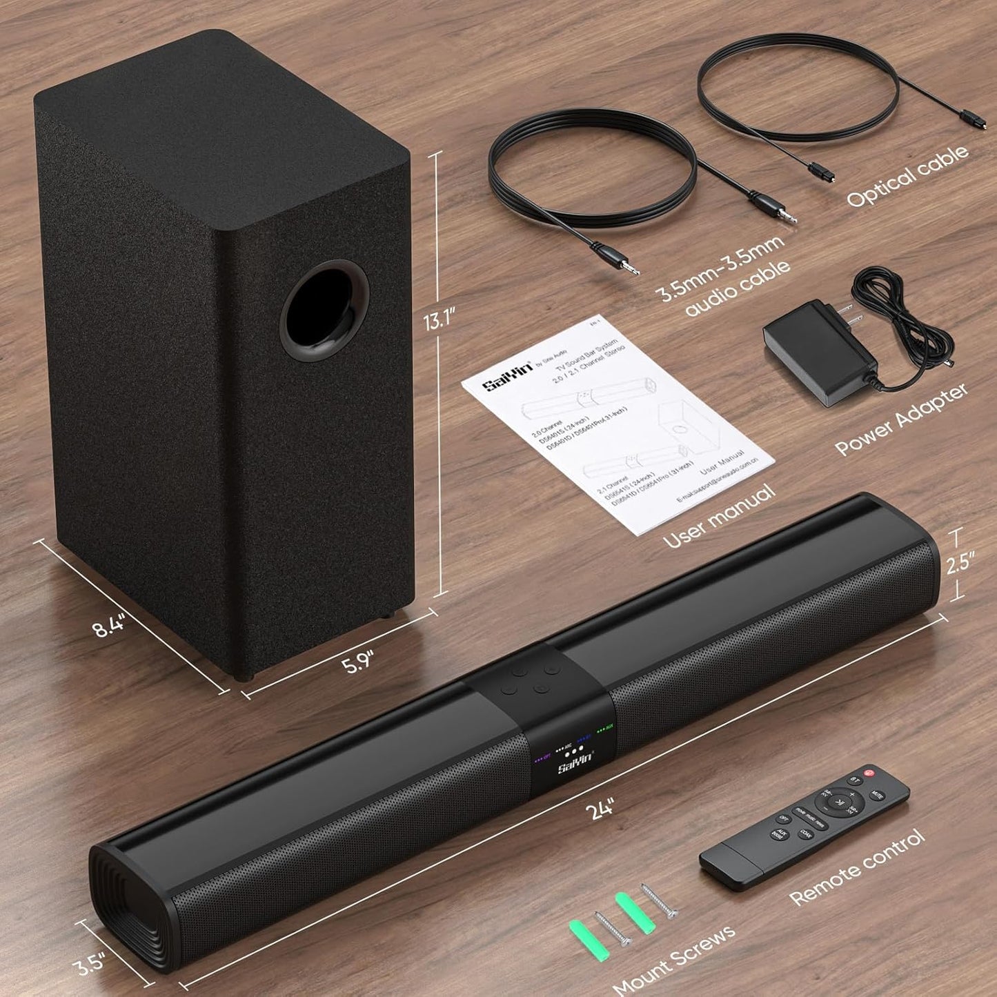 Saiyin Sound Bar for Smart TV with 5.25 Inch Subwoofer, 100W 24 Inch Soundbar for TV, TV Soundbar with Optical, ARC, AUX and Bluetooth 5.3 Inputs, Detachable Surround Sound System for TV