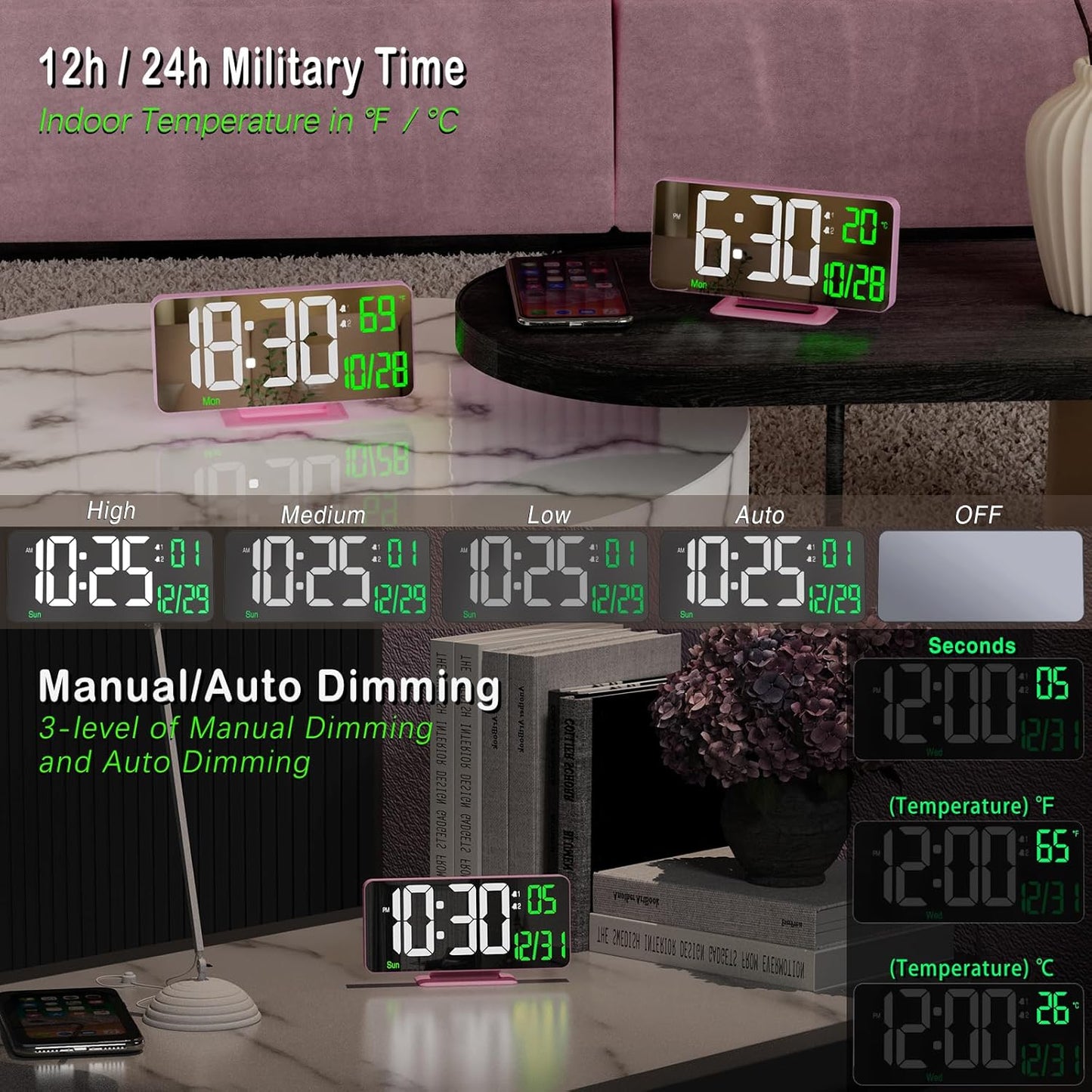 KOSUMOSU Pink Digital Clock 6.7in Desk Clock with Dual Alarm Clock, Dimming, 12/24h, Date, Day of Week, Temp, Digital LED Clock, Alarm Clock for Table, Digital Calendar Table Clocks for Bedrooms