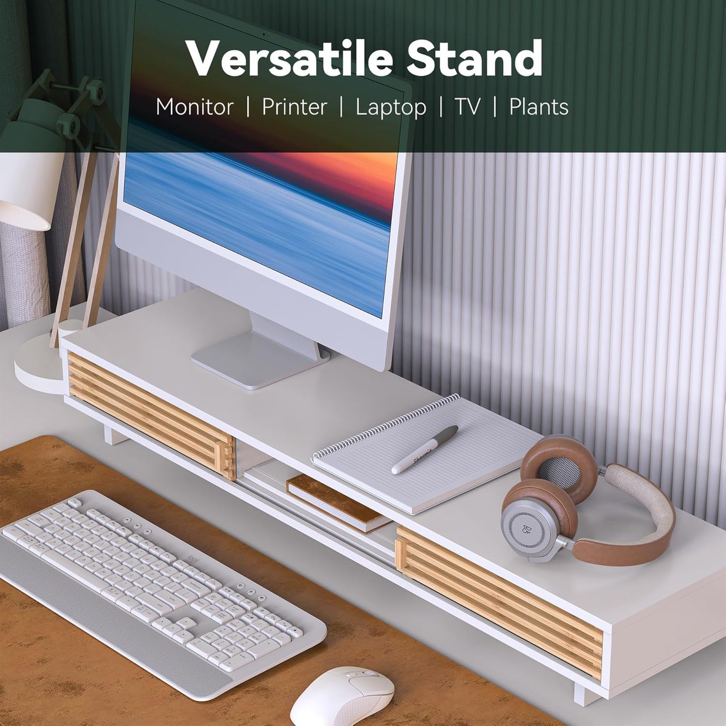 Dual Monitor Stand Riser with Sliding Door, Double Computer Laptop Stand Desk Shelf Organizer with Storage (White + Natural Bamboo, 38 Inch)
